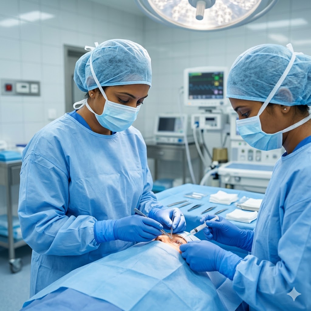 Surgeons in sterile operating theater performing careful cornea retrieval procedure