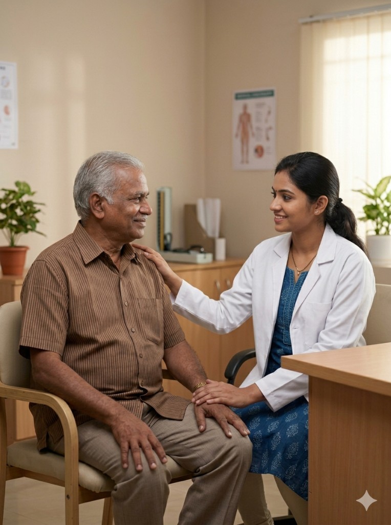 Indian doctor reassuring an elderly Tamil patient in a clinic consultation